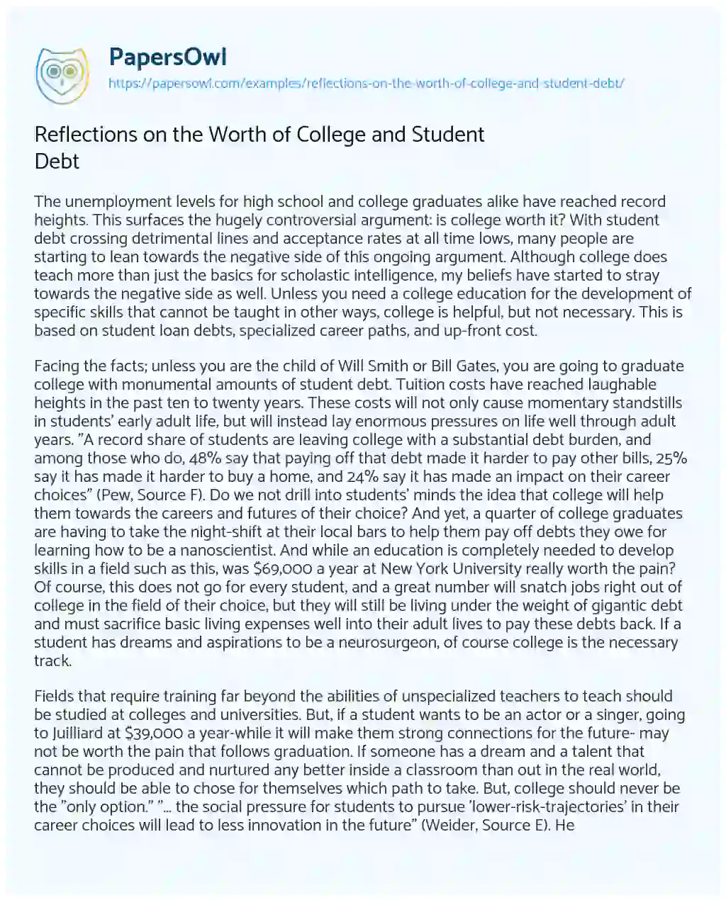 Reflections on the Worth of College and Student Debt essay