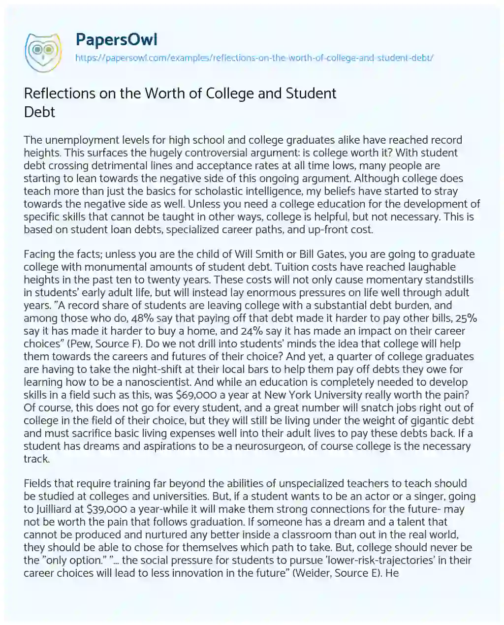 Essay on Reflections on the Worth of College and Student Debt