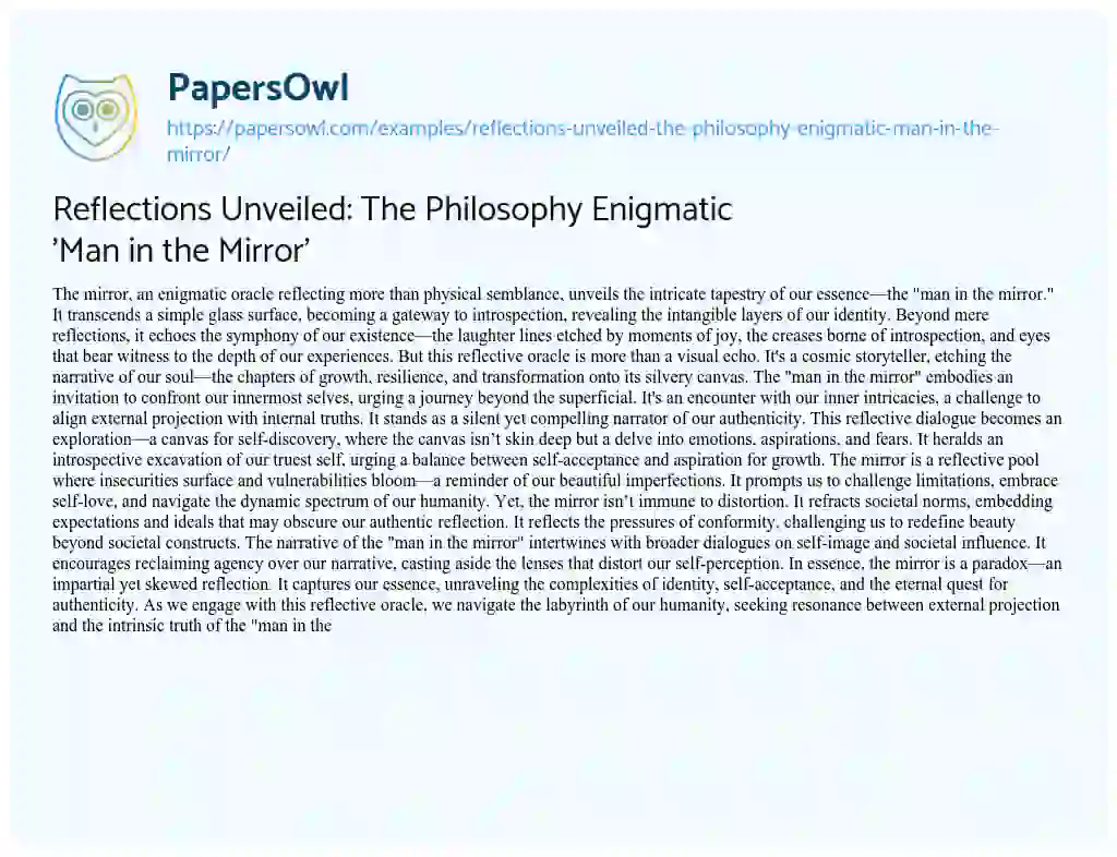 Essay on Reflections Unveiled: The Philosophy Enigmatic ‘Man in the Mirror’