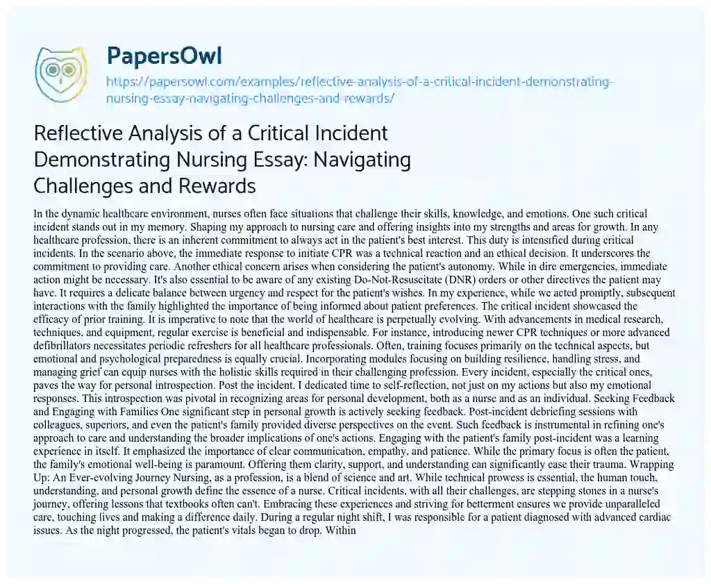 Essay on Reflective Analysis of a Critical Incident Demonstrating Nursing Essay: Navigating Challenges and Rewards