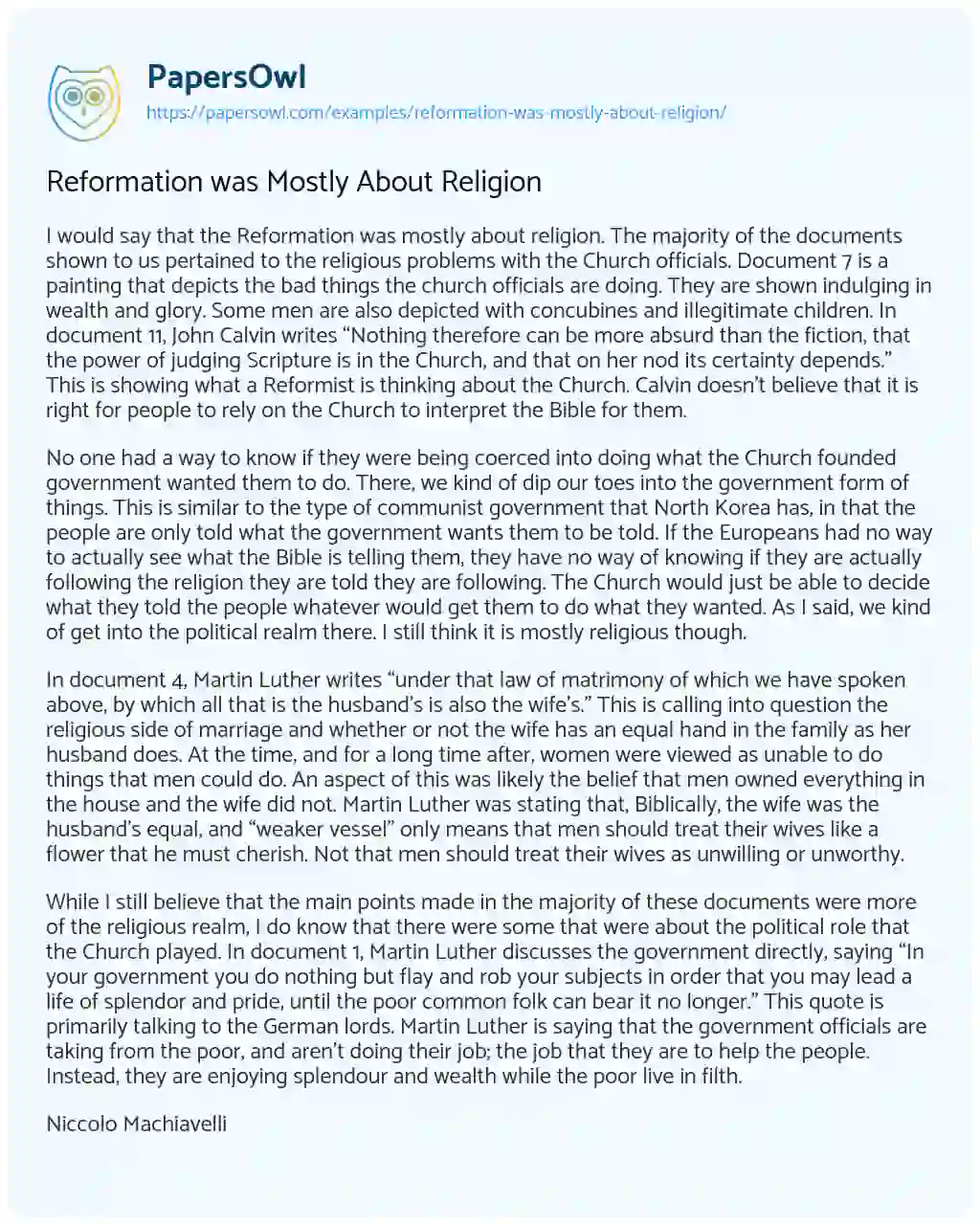 Reformation was Mostly about Religion essay