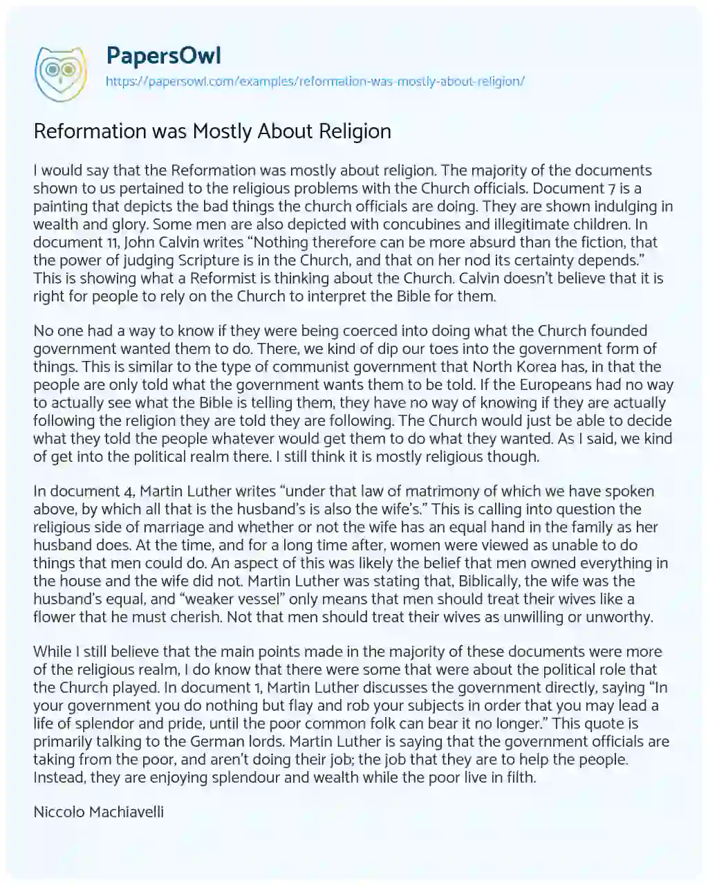 Essay on Reformation was Mostly about Religion