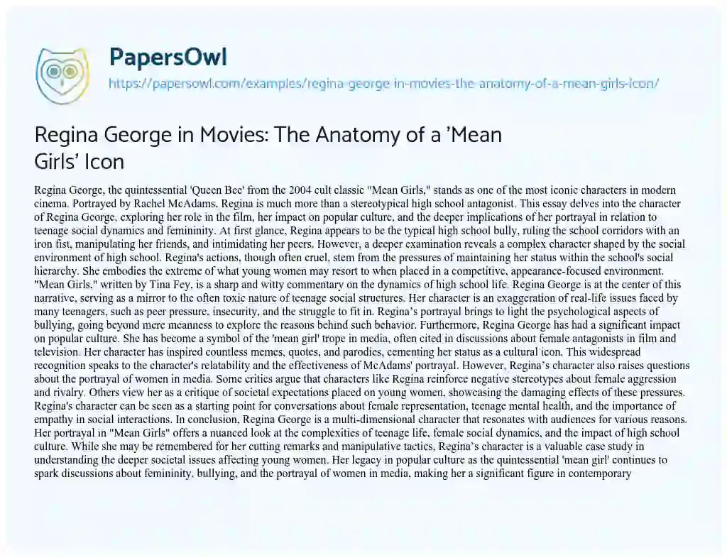 Essay on Regina George in Movies: the Anatomy of a ‘Mean Girls’ Icon