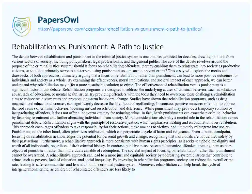 Essay on Rehabilitation vs. Punishment: A Path to Justice