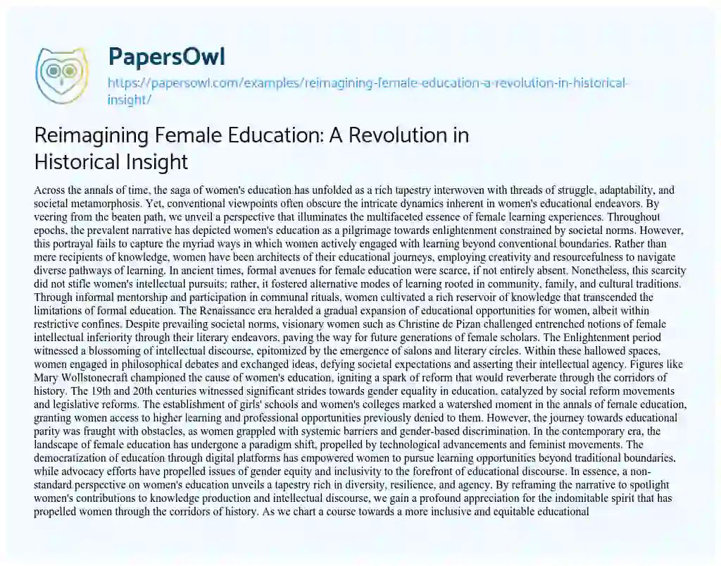 Essay on Reimagining Female Education: a Revolution in Historical Insight