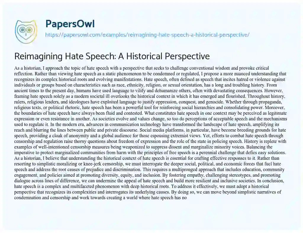 Essay on Reimagining Hate Speech: a Historical Perspective