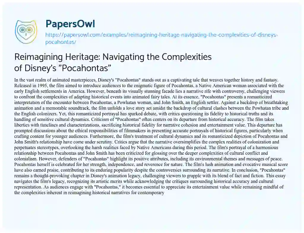 Essay on Reimagining Heritage: Navigating the Complexities of Disney’s “Pocahontas”