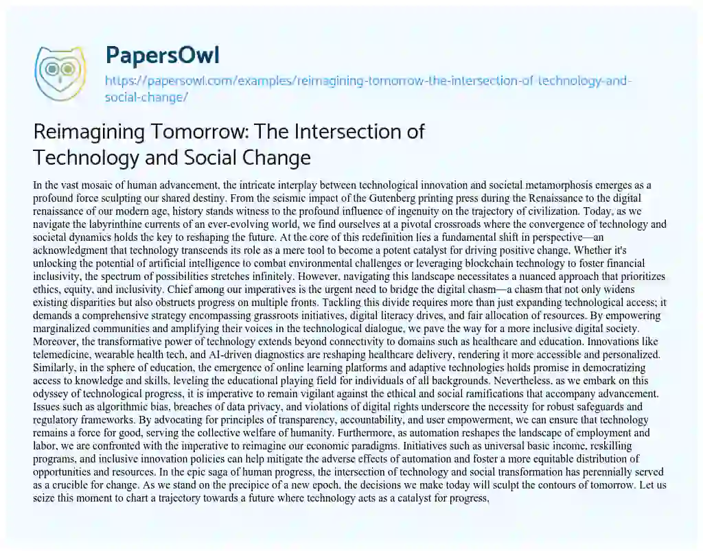 Essay on Reimagining Tomorrow: the Intersection of Technology and Social Change