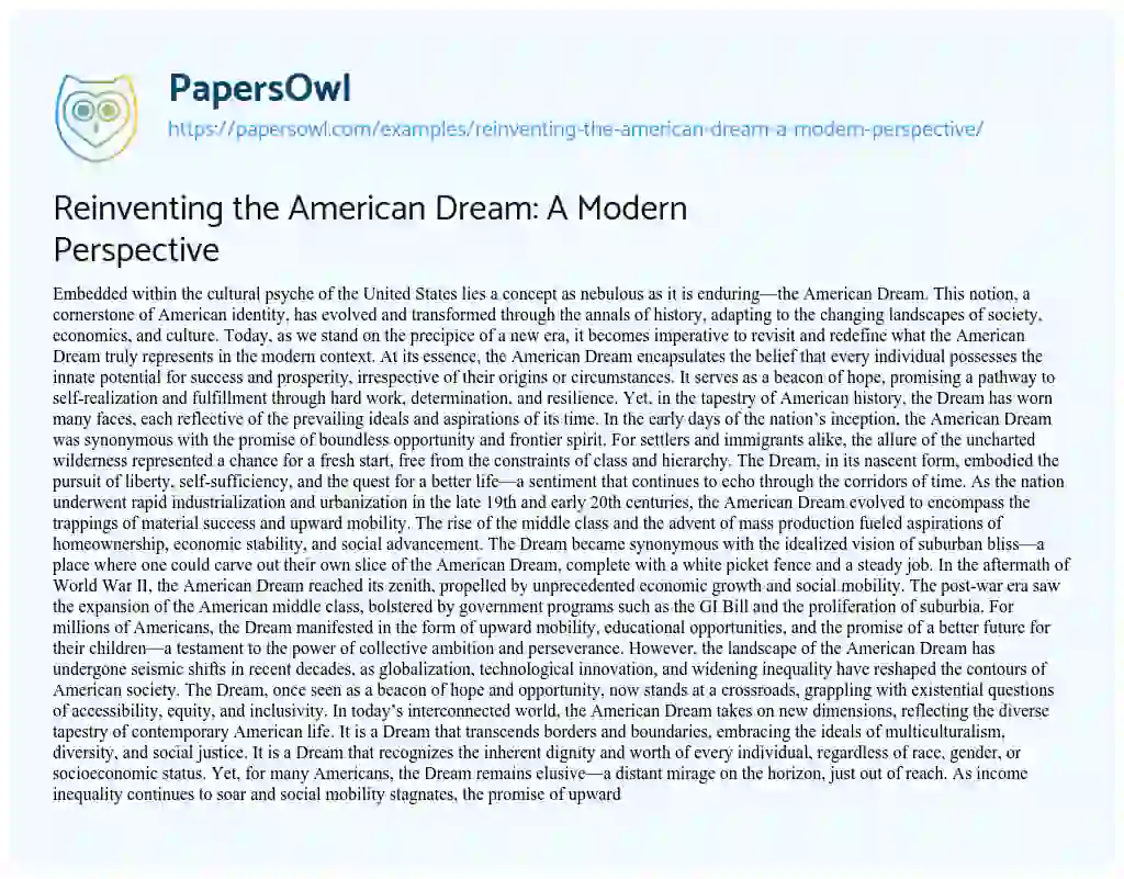 Essay on Reinventing the American Dream: a Modern Perspective