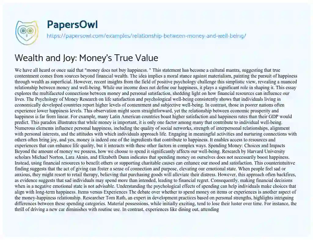 Essay on Relationship between Money and Well-Being