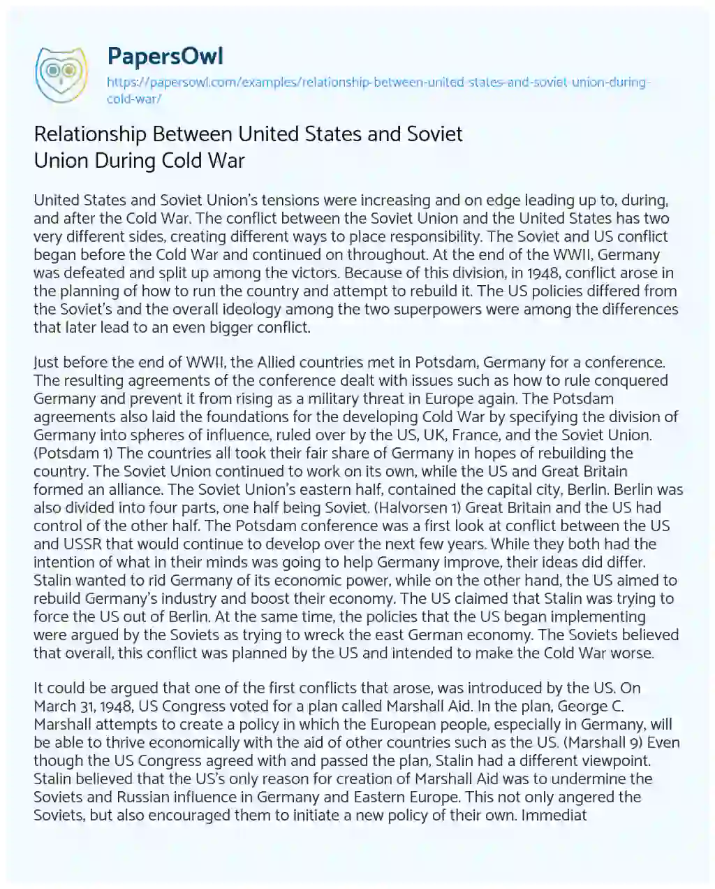 Essay on Relationship between United States and Soviet Union during Cold War