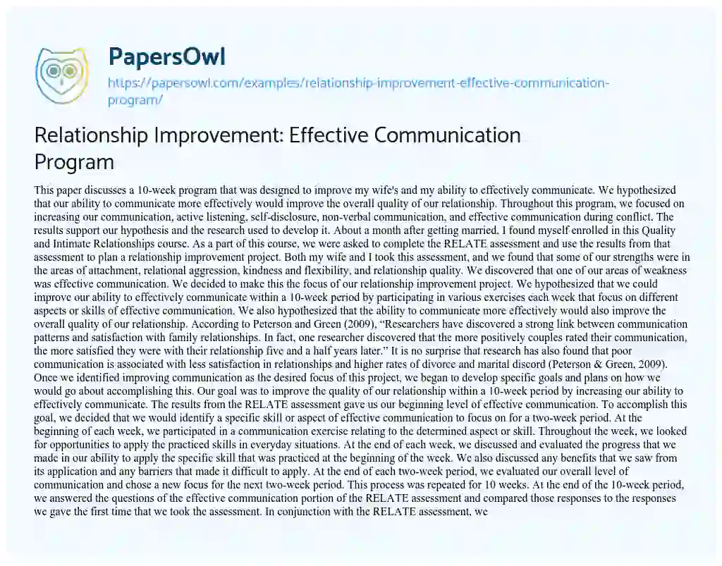 Essay on Relationship Improvement: Effective Communication Program 