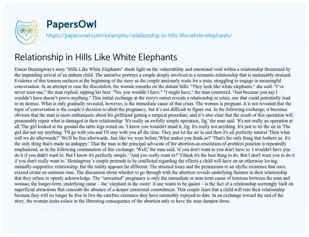 Essay on Relationship in Hills Like White Elephants