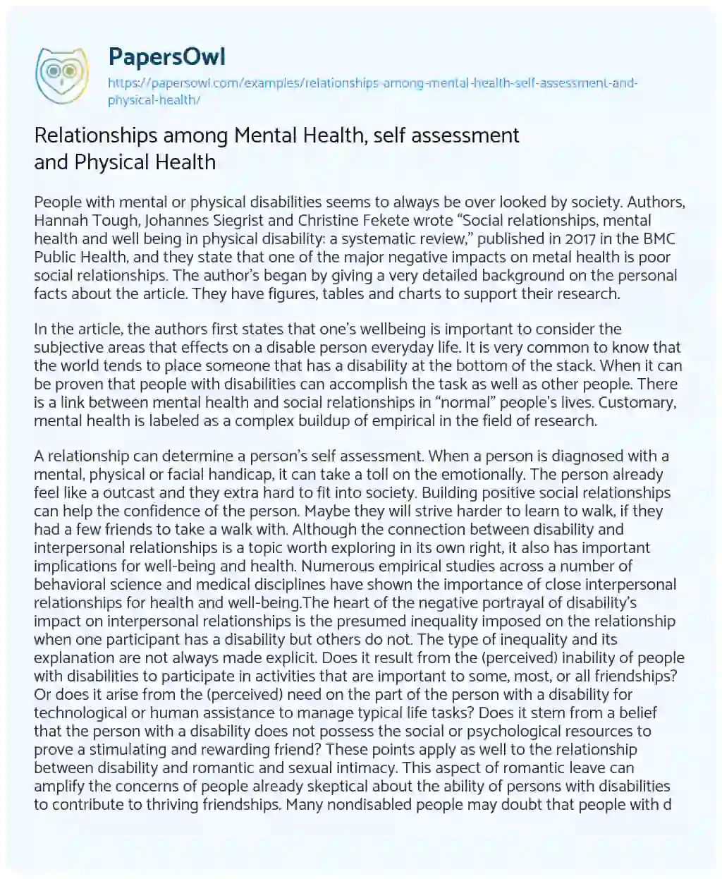 Relationships Among Mental Health, Self Assessment and Physical Health essay