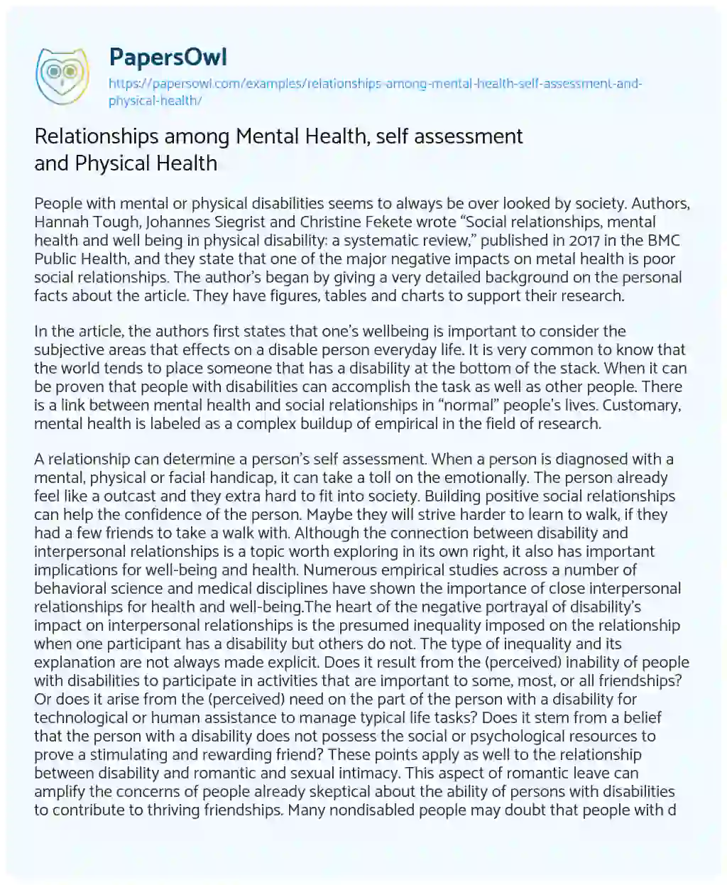 Essay on Relationships Among Mental Health, Self Assessment and Physical Health