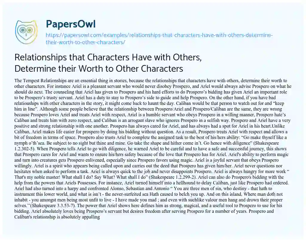 Essay on Relationships that Characters have with Others, Determine their Worth to other Characters
