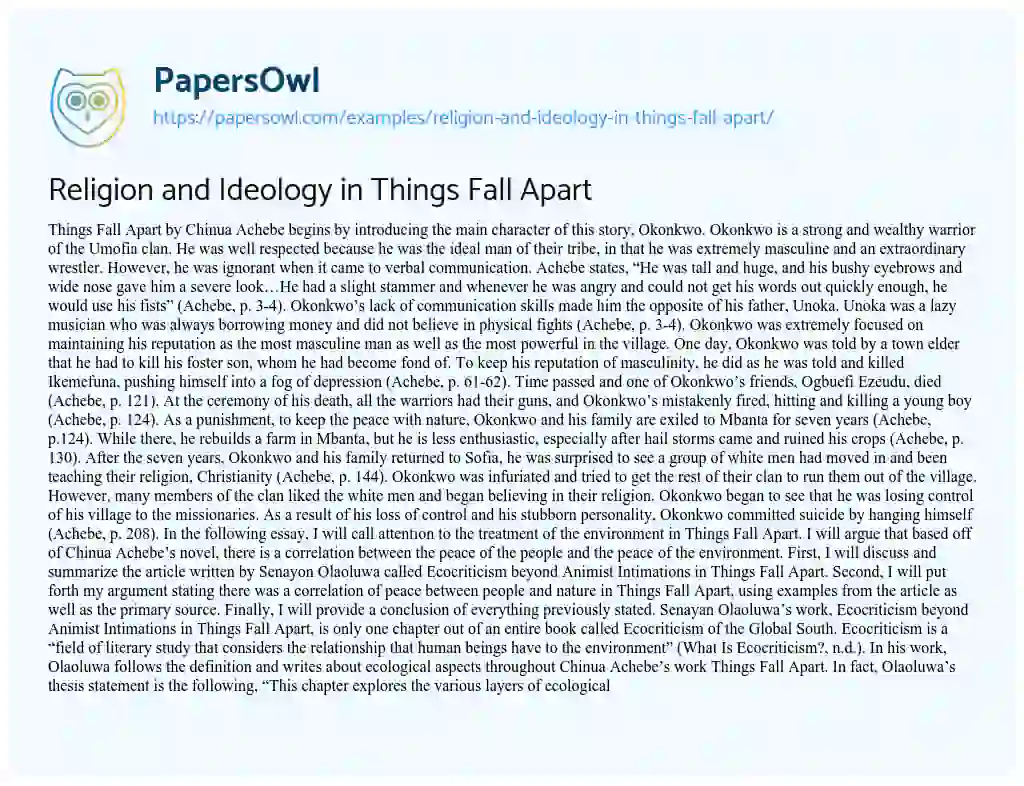 Essay on Religion and Ideology in Things Fall Apart