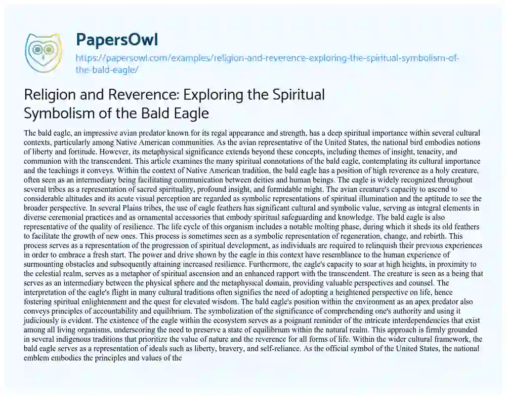 Essay on Religion and Reverence: Exploring the Spiritual Symbolism of the Bald Eagle