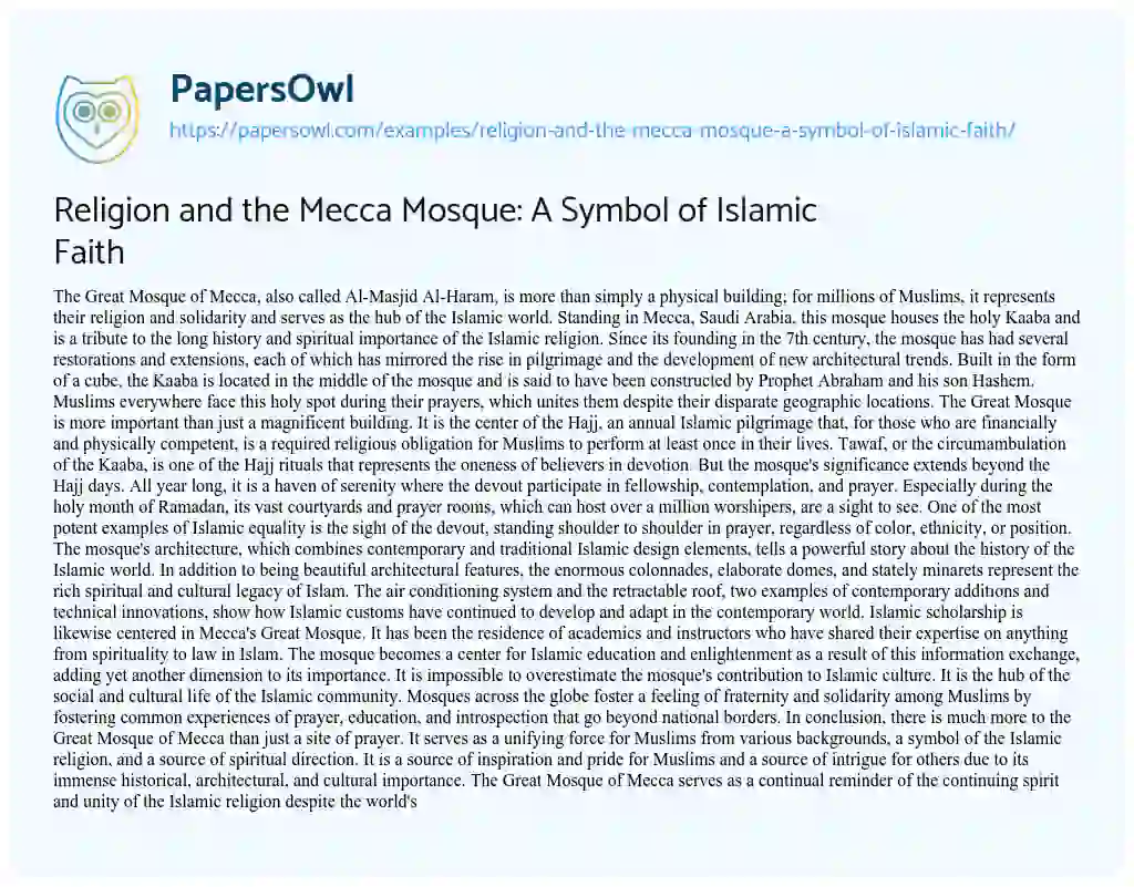 Essay on Religion and the Mecca Mosque: a Symbol of Islamic Faith