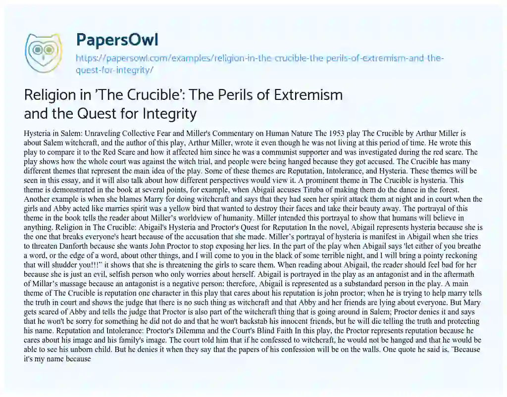 Essay on Religion in ‘The Crucible’: the Perils of Extremism and the Quest for Integrity