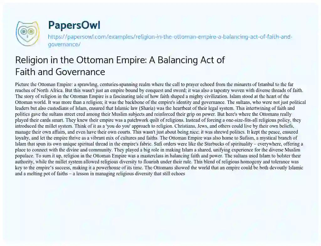 Essay on Religion in the Ottoman Empire: a Balancing Act of Faith and Governance