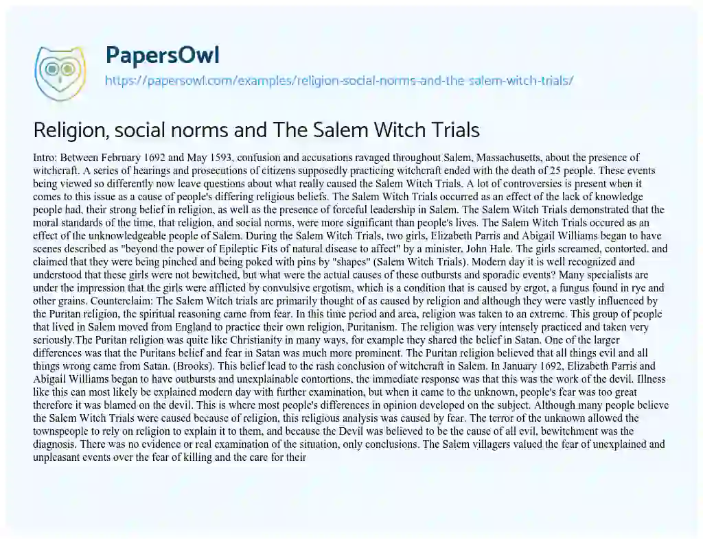 Essay on Religion, Social Norms and the Salem Witch Trials