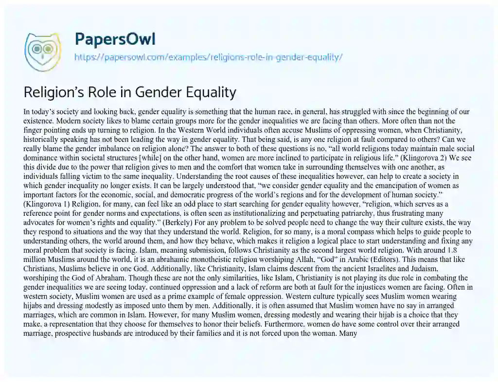 Essay on Religion’s Role in Gender Equality