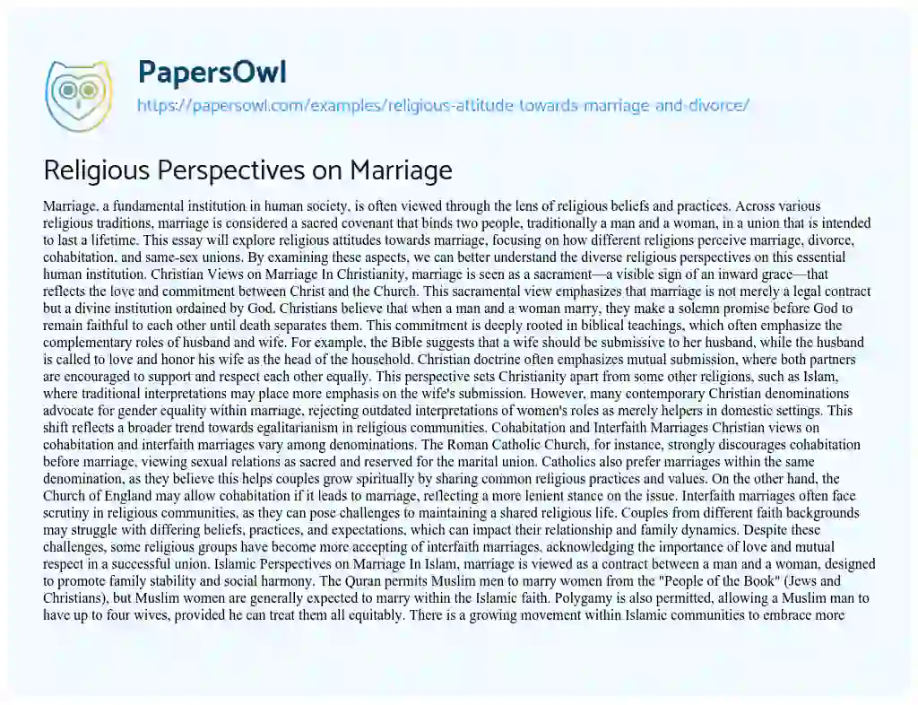 Essay on Religious Attitude Towards Marriage and Divorce