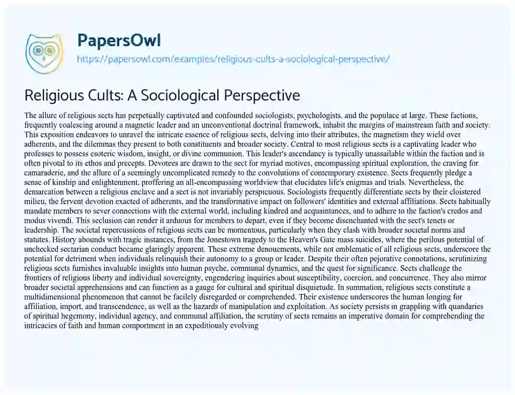 Essay on Religious Cults: a Sociological Perspective