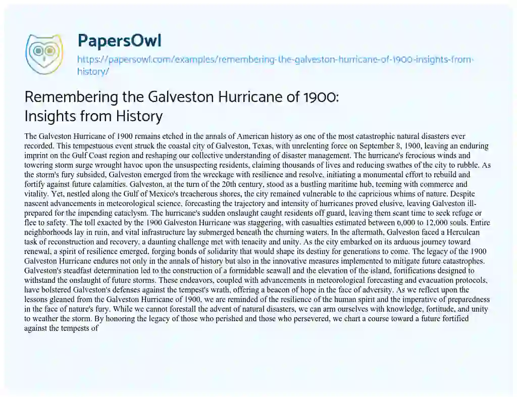 Essay on Remembering the Galveston Hurricane of 1900: Insights from History