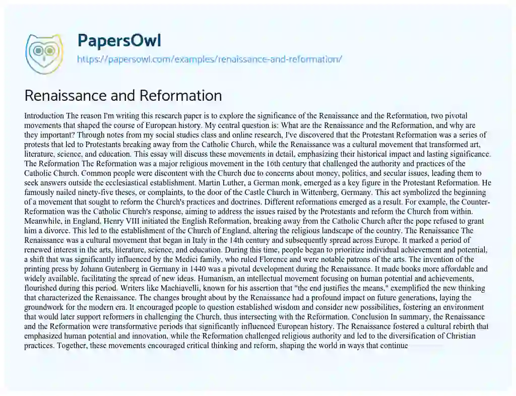 Essay on Renaissance and Reformation