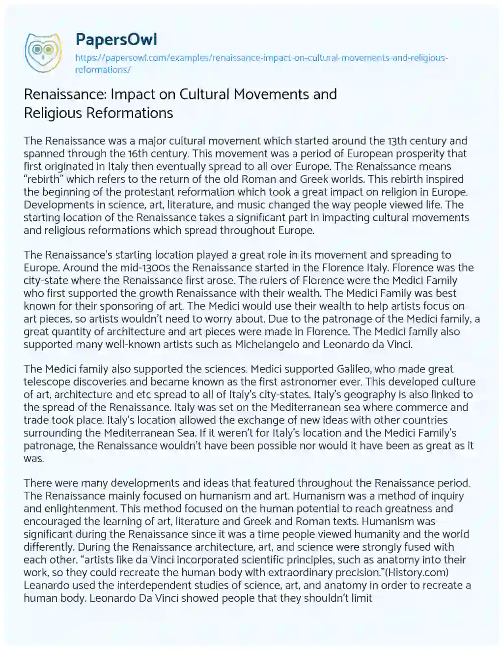 Essay on Renaissance: Impact on Cultural Movements and Religious Reformations