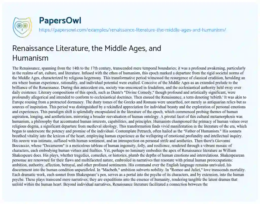 Essay on Renaissance Literature, the Middle Ages, and Humanism