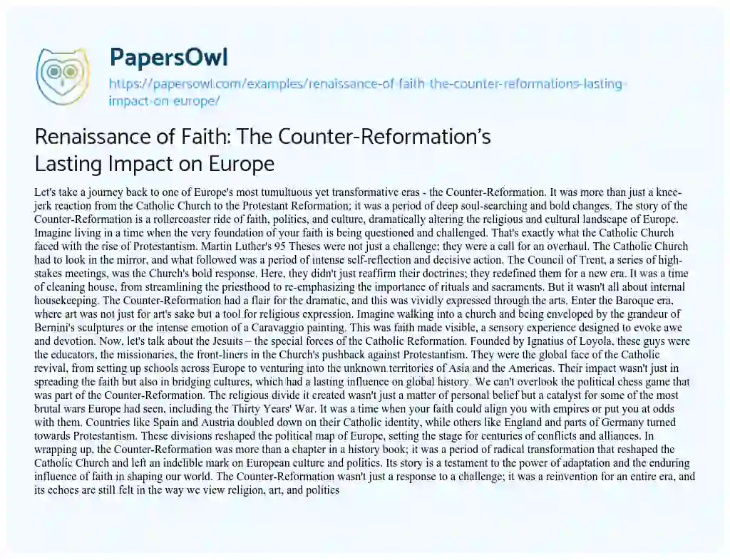 Essay on Renaissance of Faith: The Counter-Reformation’s Lasting Impact on Europe