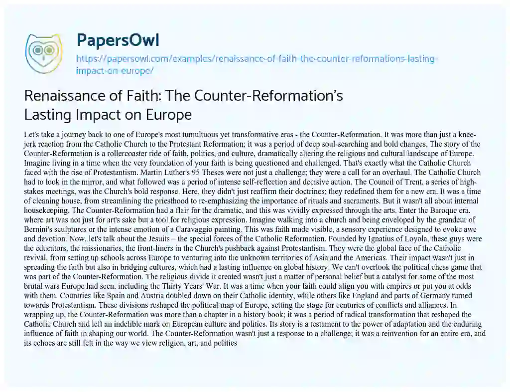 Essay on Renaissance of Faith: the Counter-Reformation’s Lasting Impact on Europe