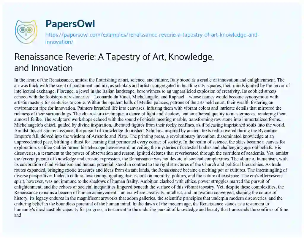 Essay on Renaissance Reverie: a Tapestry of Art, Knowledge, and Innovation