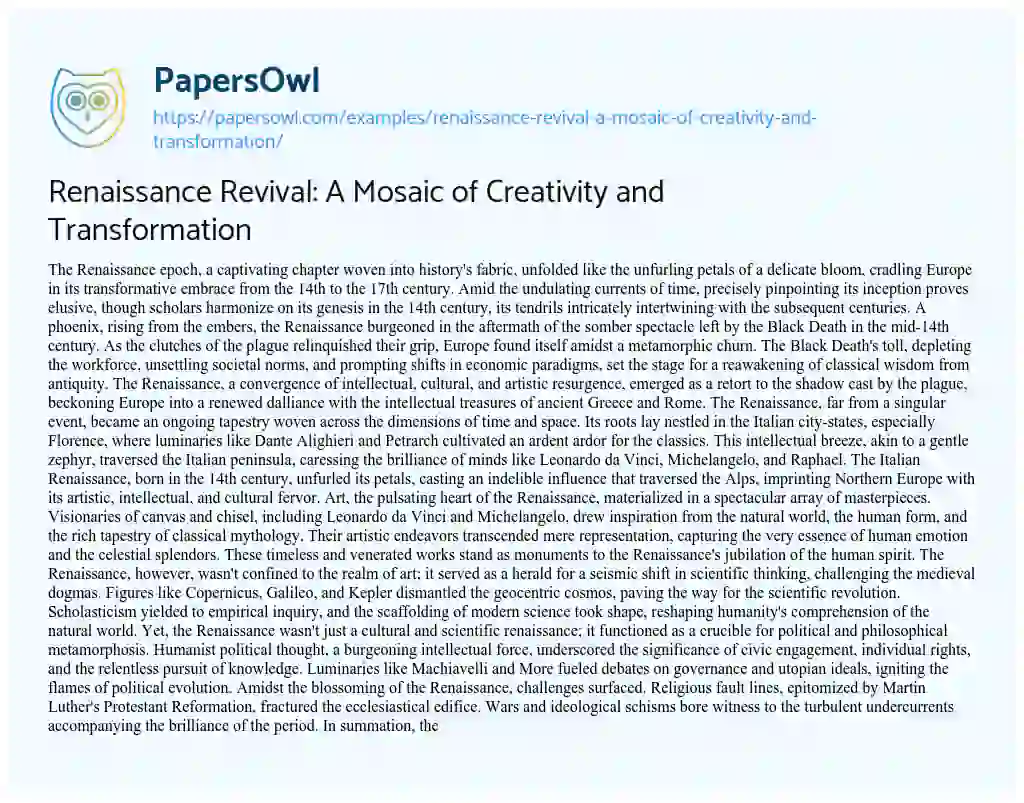 Essay on Renaissance Revival: a Mosaic of Creativity and Transformation