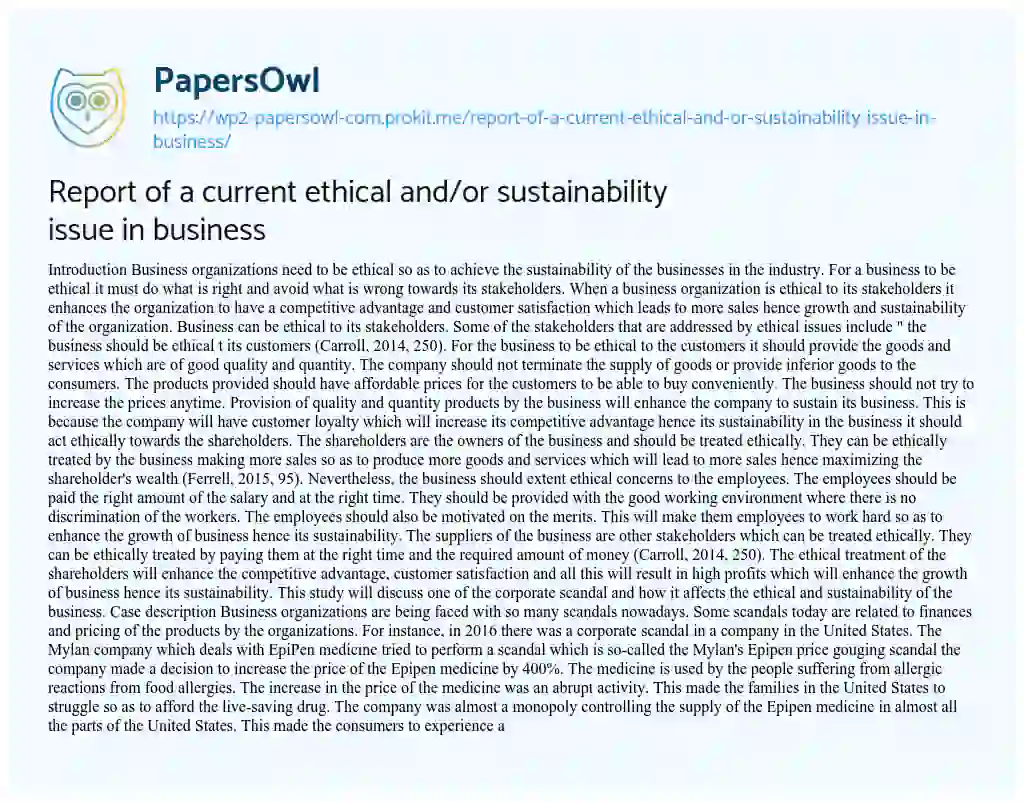Essay on Report of a Current Ethical And/or Sustainability Issue in Business