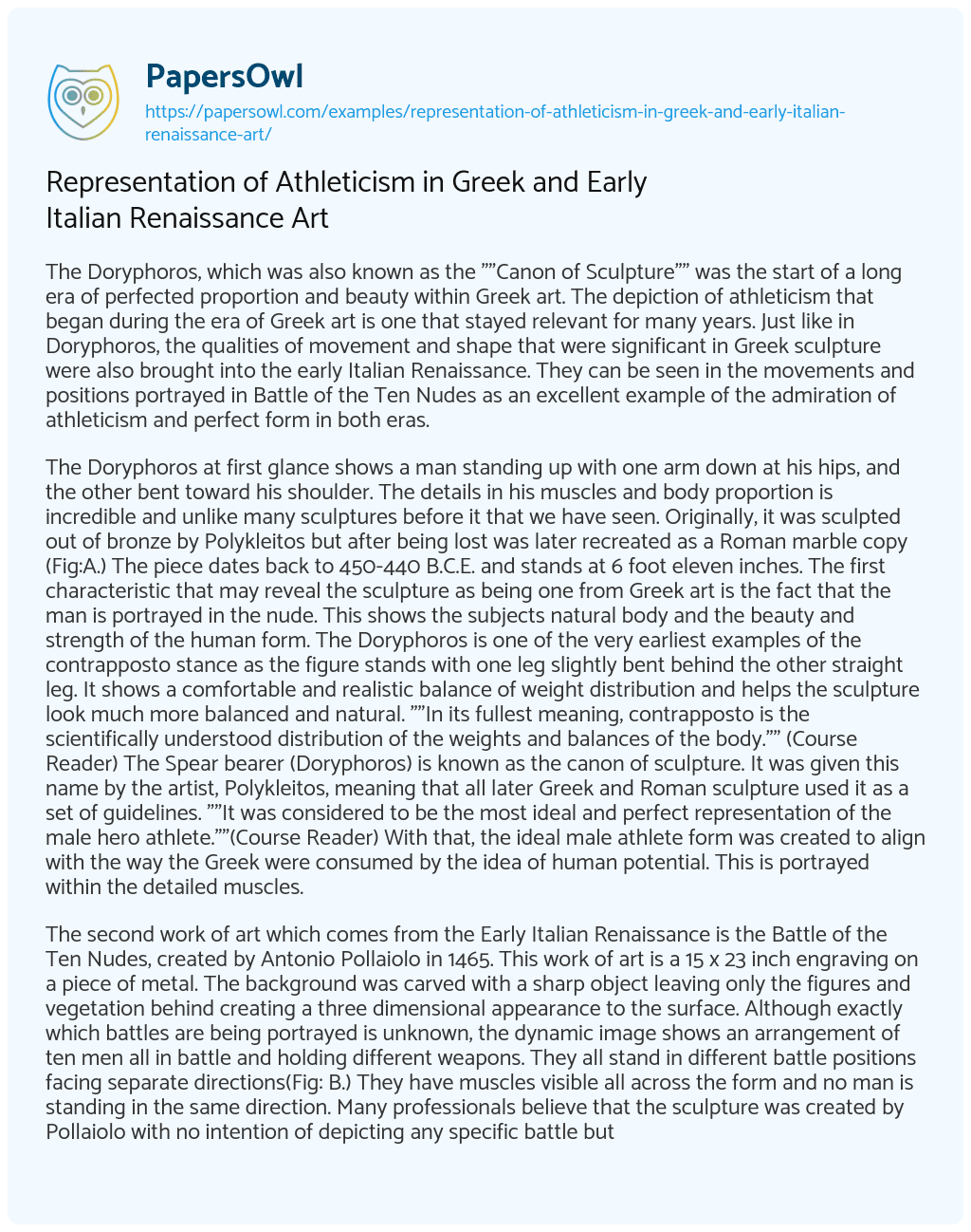 Representation of Athleticism in Greek and Early Italian Renaissance Art Representation of Athleticism in Greek and Early Italian Renaissance Art essay