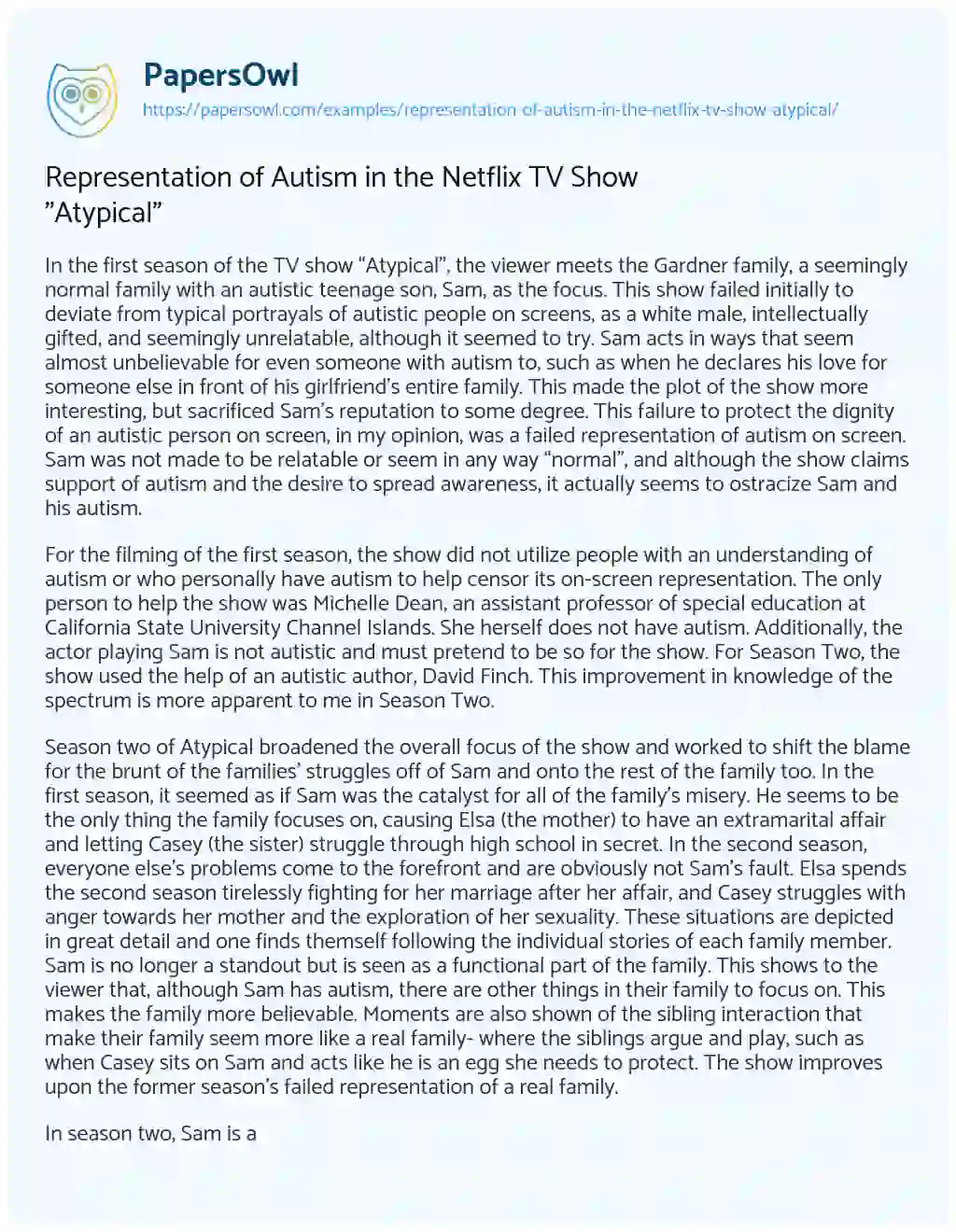 Representation of Autism in the Netflix TV Show “Atypical” essay