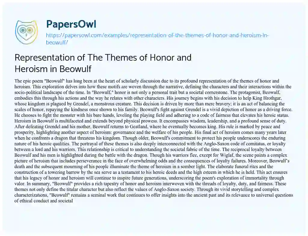 Essay on Representation of the Themes of Honor and Heroism in Beowulf