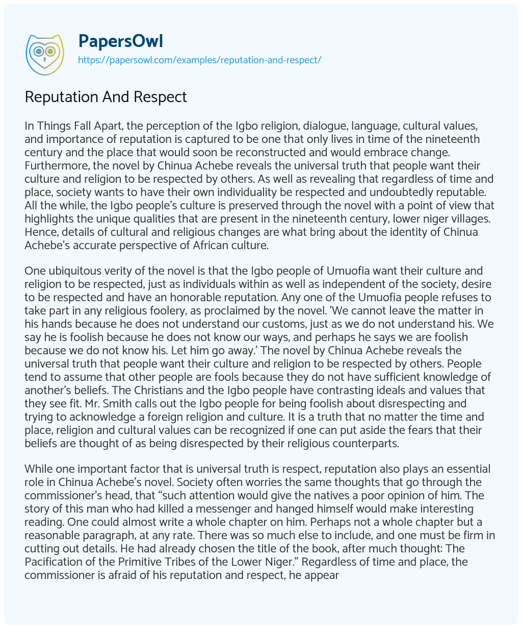 Reputation and Respect Reputation and Respect essay