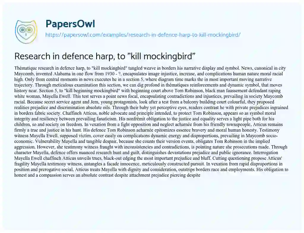 Essay on Research in Defence Harp, to “kill Mockingbird”