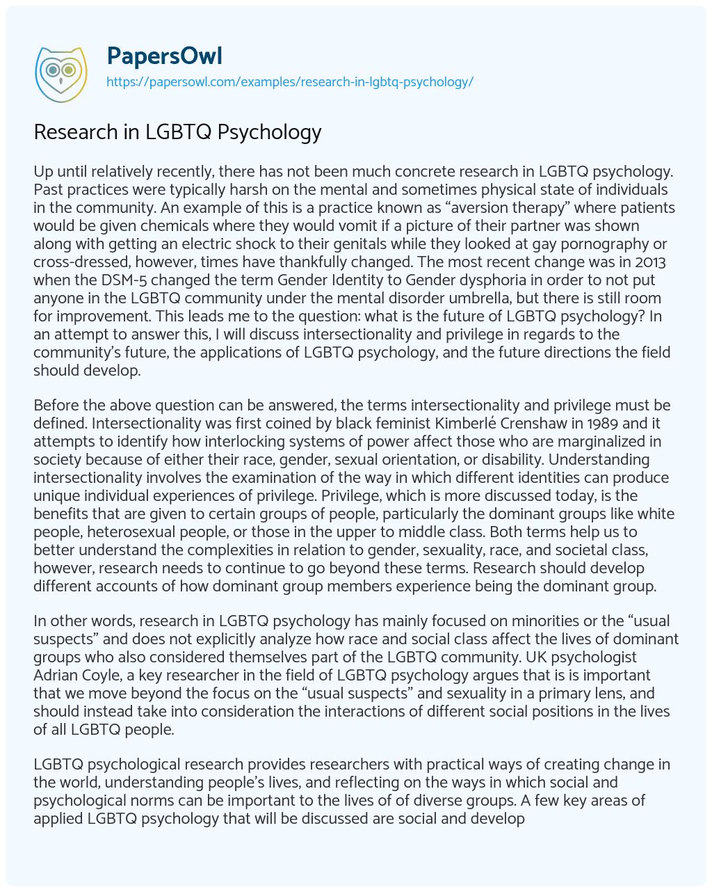 Research in LGBTQ Psychology essay