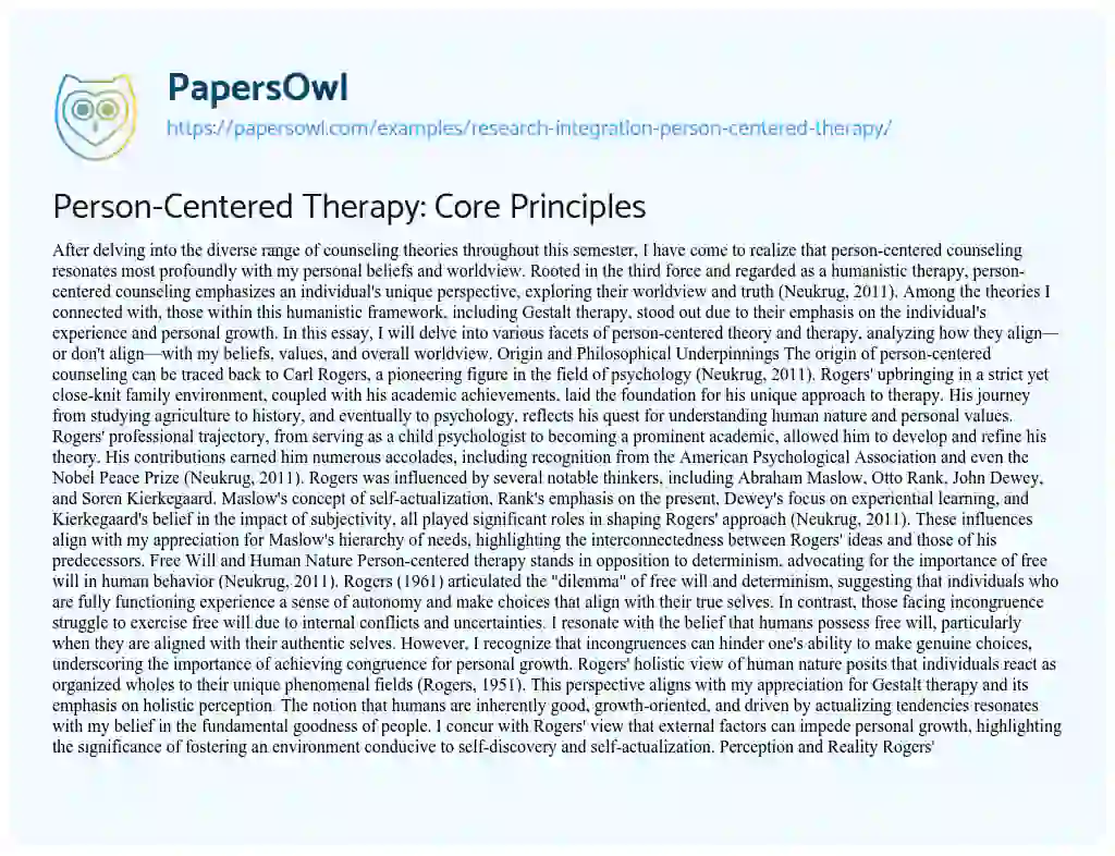 Essay on Research Integration: Person-Centered Therapy 