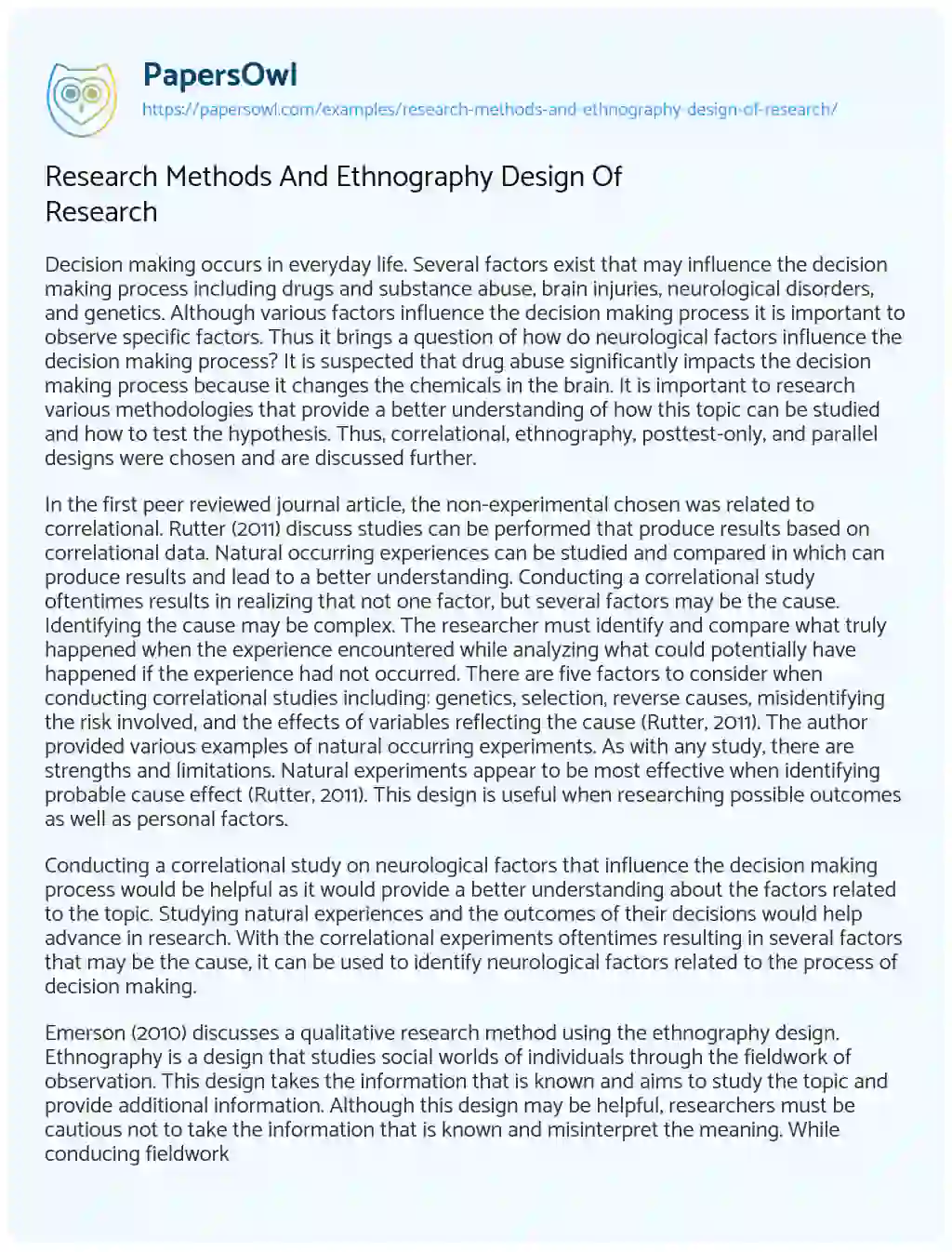 Essay on Research Methods and Ethnography Design of Research
