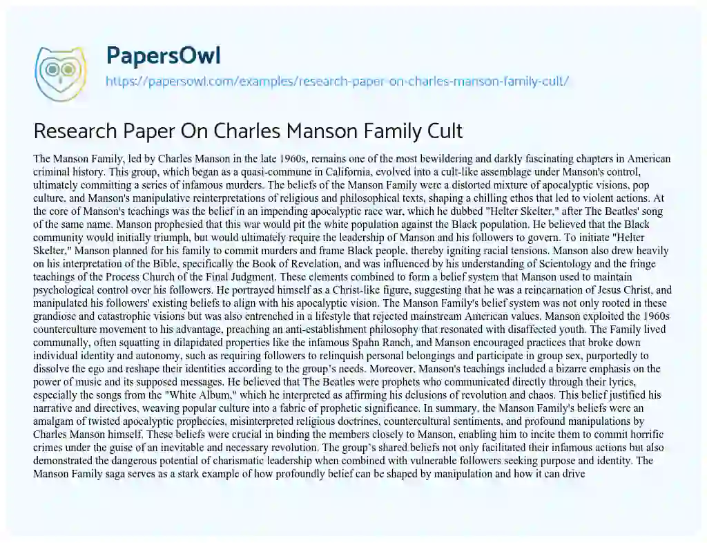 Essay on Research Paper on Charles Manson Family Cult