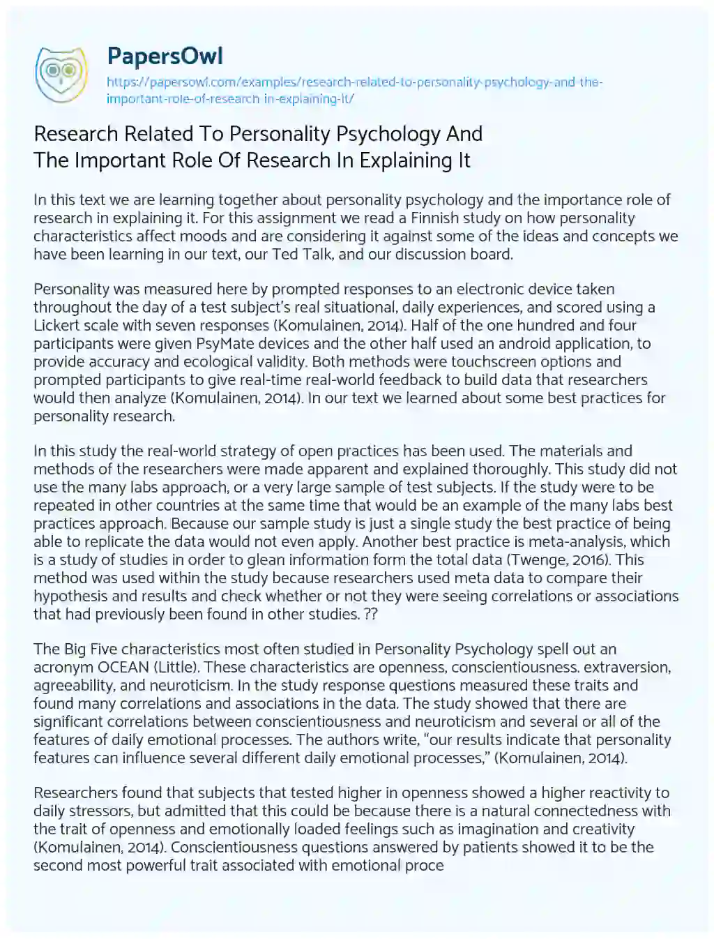 Essay on Research Related to Personality Psychology and the Important Role of Research in Explaining it