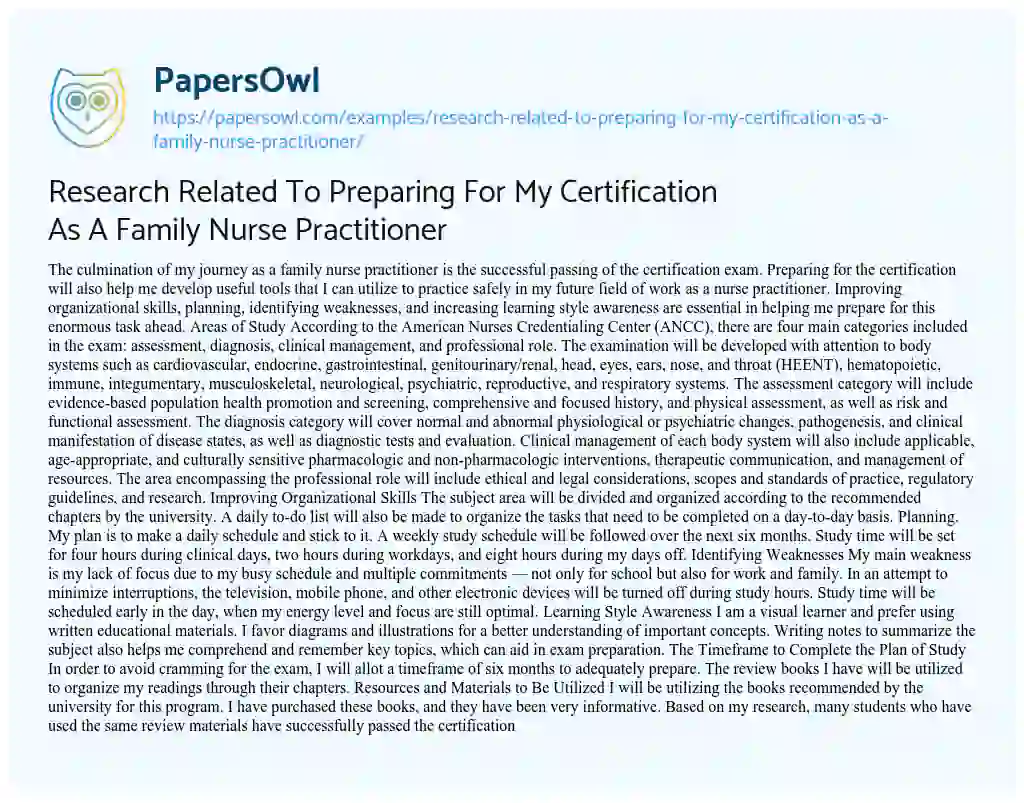 Essay on Research Related to Preparing for my Certification as a Family Nurse Practitioner