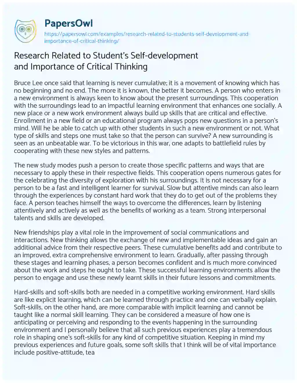 Essay on Research Related to Student’s Self-development and Importance of Critical Thinking